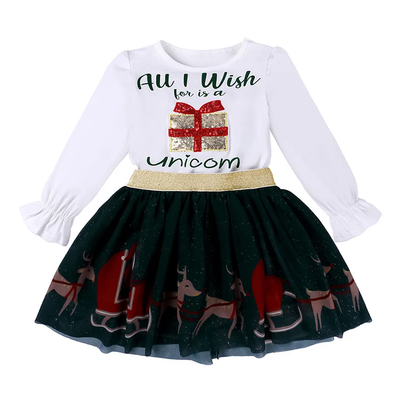 

Рождественский костюм для девочек, футболка с длинным рукавом + сетчатая юбка, комплект из двух предметов, наряды для маленьких девочек