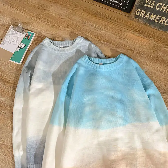 

Crew neck sweater men's autumn winter loose contrast gradient T-shirt Korean style Pullover