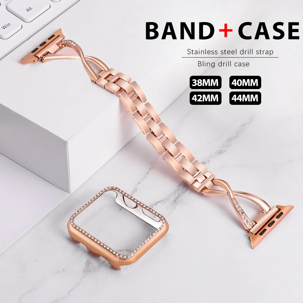

Diamond Band + case For Apple Watch 40mm 44mm 38mm 42mm iWatch series 5 4 3 2 1 bracelet stainless steel strap women watchband