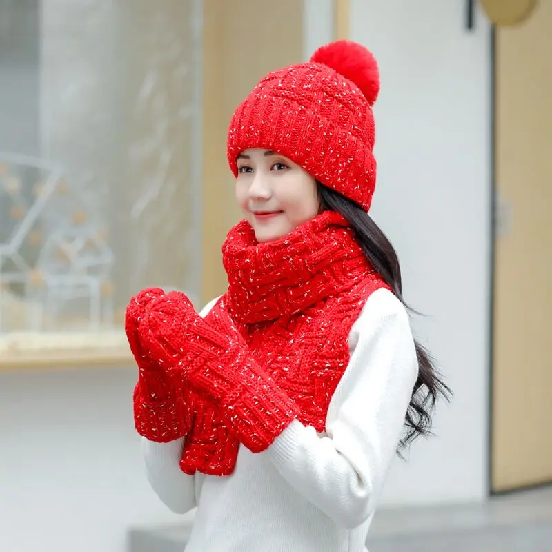 

New Women Winter Warm Hat Scarf /Gloves Sets Female Three - piece Knitted Hats Scarf Set Caps for Girl Warm Skullies Beanies hat