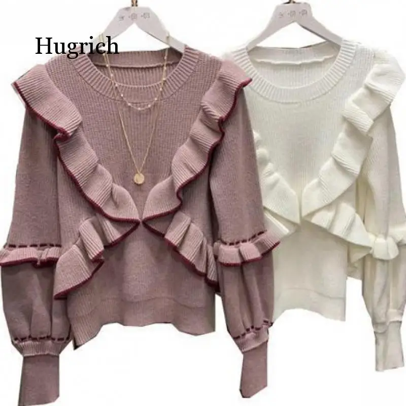 

Autumn Winter Women's Korean Style The Ruffle Stitching Pullover Sweater New Lantern Sleeve Knitted Bottoming Tops