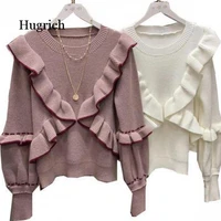 Autumn Winter Womens Korean Style The Ruffle Stitching Pullover Sweater New Lantern Sleeve Knitted Bottoming Tops