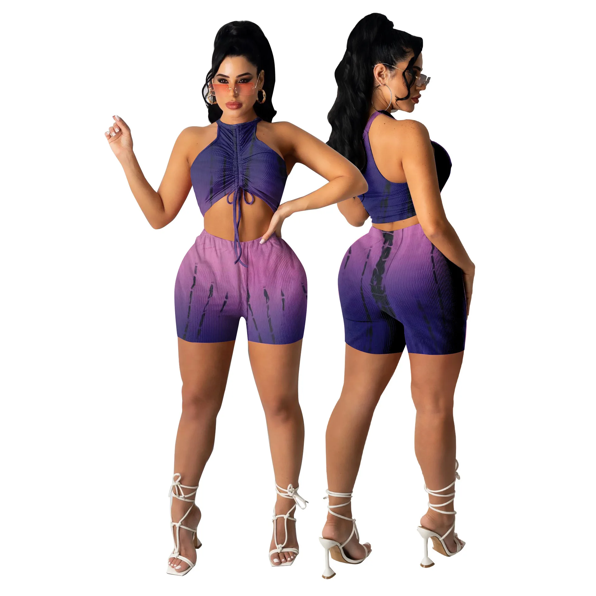 

Women's Pleated Vest Shorts Two-piece Printed Elastic Pit Strip Nuns Body Suit Two Pieces Outfit Nightclub Party Set