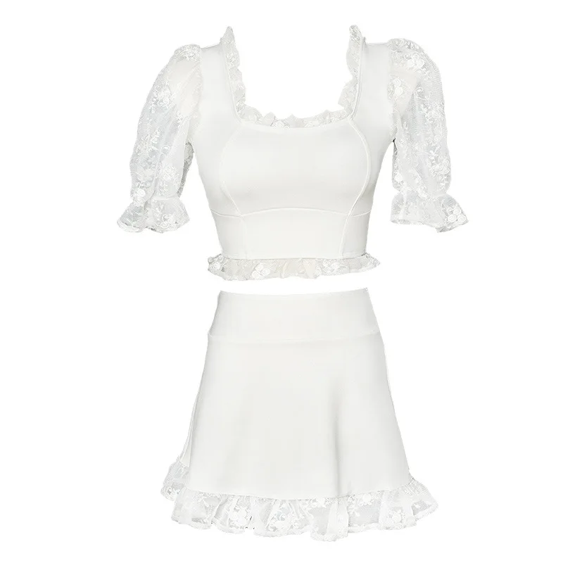 

Swimsuit Women Two Piece Swim Costume Tankini Plus Size Sets Female Summer White Short Sleeve Lacy Skirt Bikini Hot Underwire