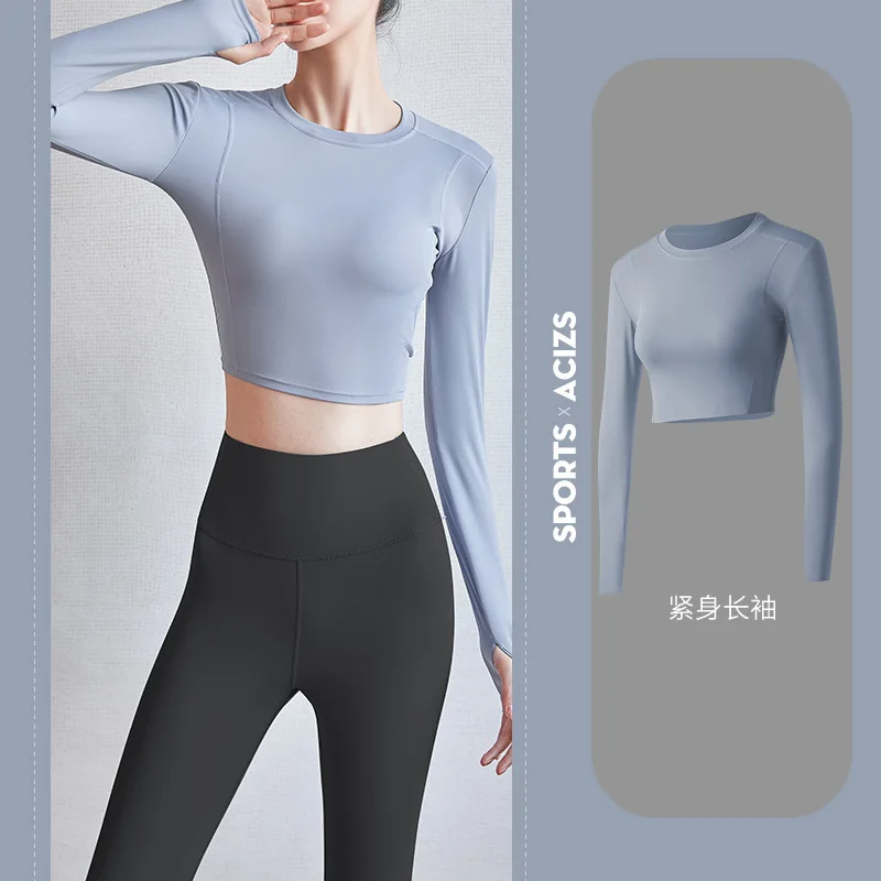 

Yoga Shirts Women Autumn Winter Sports Hip-Lifting High Waist Nude Fitness Clothes Tight Night Running Long Sleeved Tops T-Shirt
