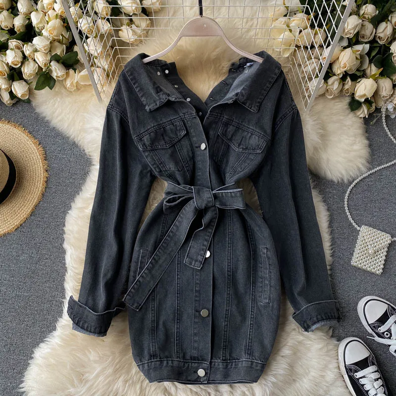 

Spring/Autumn New Sexy Denim Dress Women Fashion Retro Lapel Tie Waist A-Line Mini Dress Casual Women Clothing High Quality