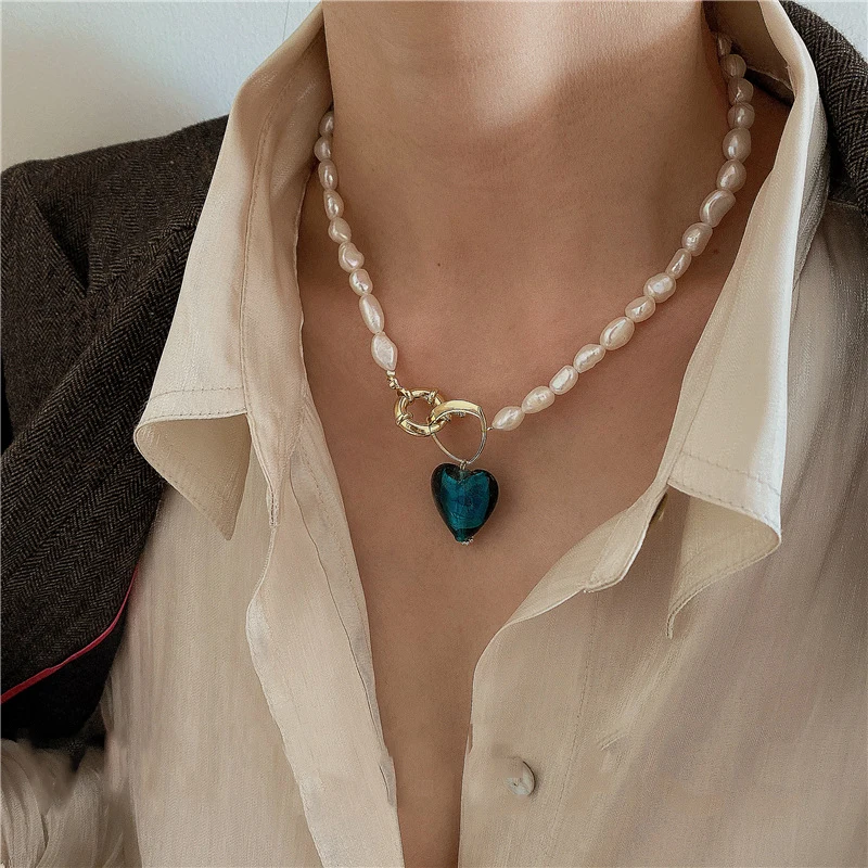 

LOVOACC Luxury Irrgular Baroque Freshwater Pearl Necklaces for Women Blue Green Color Glass Heart Pendant Choker Necklace Gift