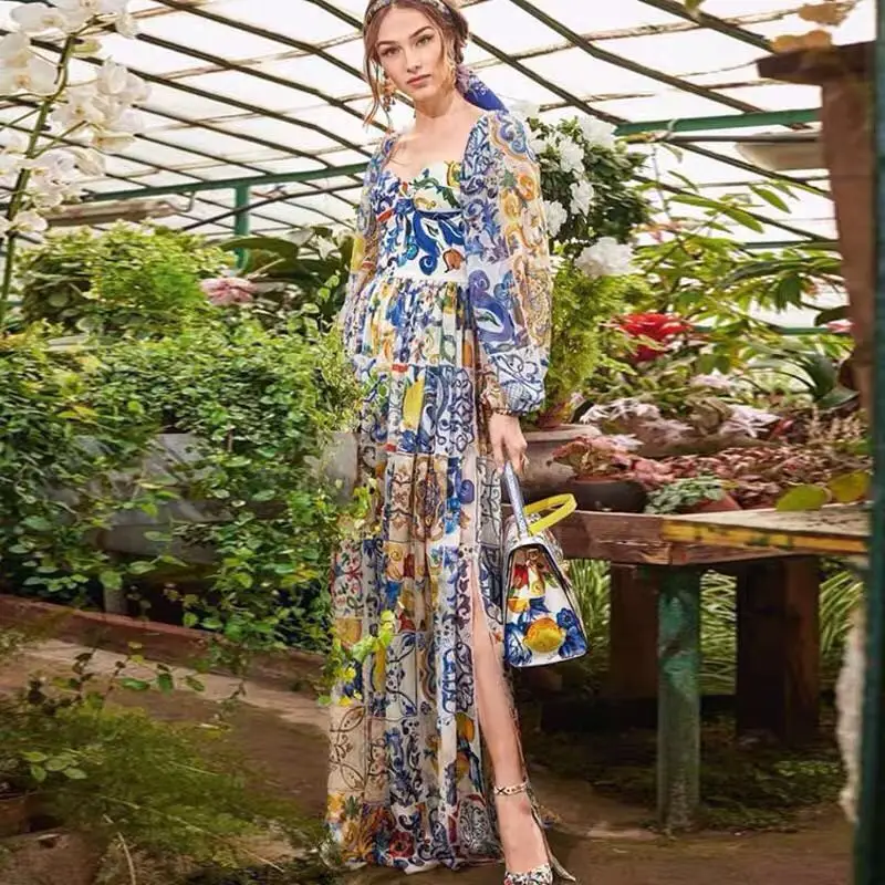 

dress Plus size vintage sexy backless split runway 2021 blue and white luxury flower print long sleeve vacation maxi dresses za
