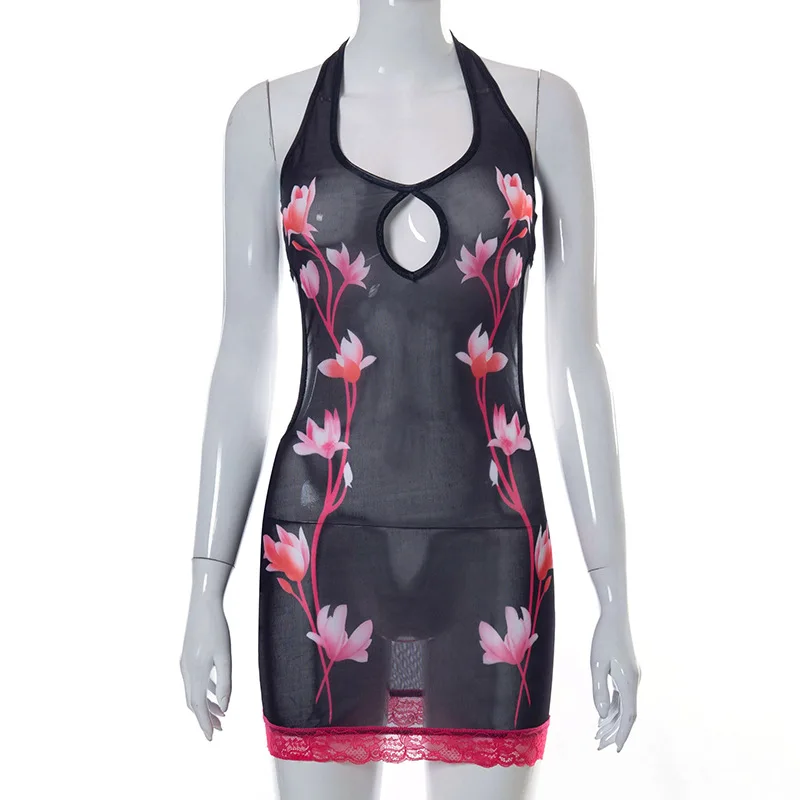 

ALLNeon Y2K Fashion Pink Lace Trim Mesh Halter Dresses Summer 2000s Vintage Backless Floral Print Bodycon Black Dress Sexy Club