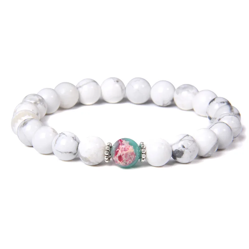 

Natural Real Howlite Bracelets Men Polished Turquois Stone Beads Bangle Women Vintage Siver Color Charm Elastic Pulsera Jewelry