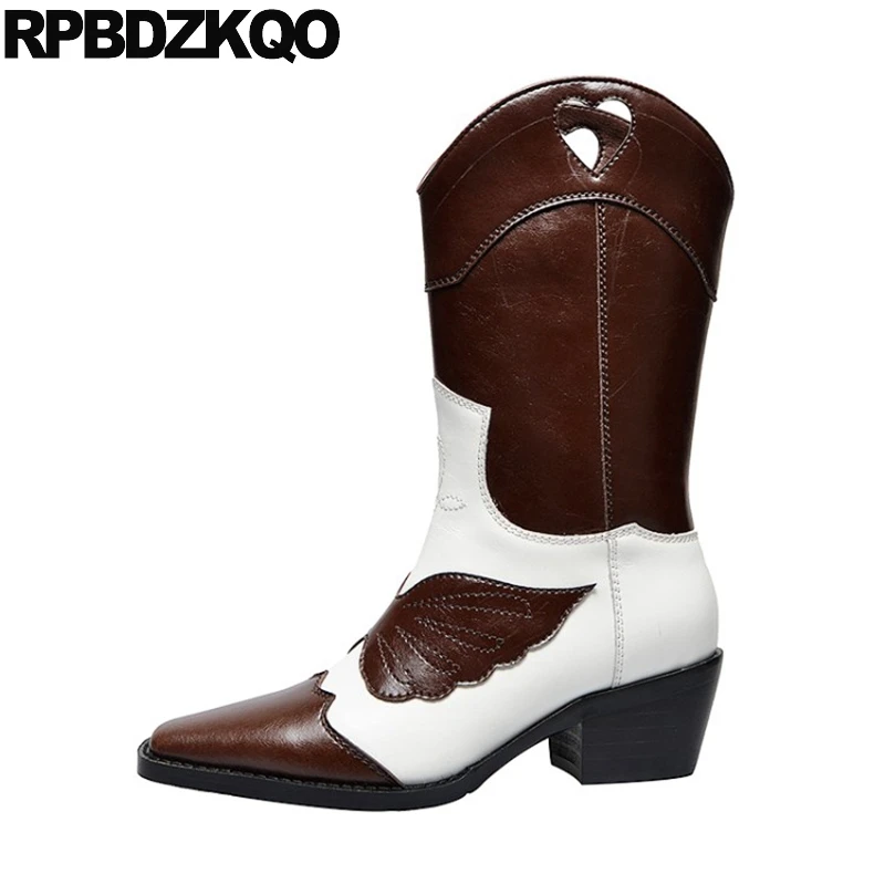 Женские ковбойские ботинки до середины икры коричневые из натуральной кожи с