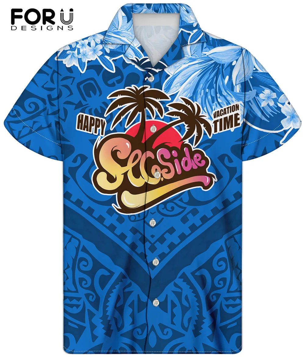 

FORUDESIGNS, мужская летняя Свободная рубашка с принтом синего полинезийского племени, с коротким рукавом, мужская повседневная блузка на пугови...