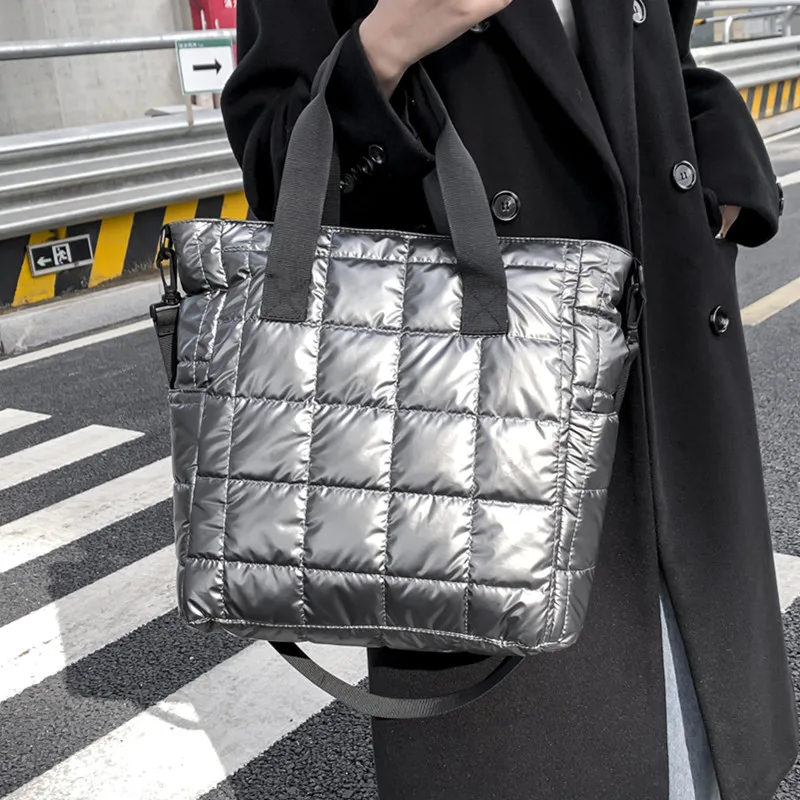 

Winter Shoulder Handbag New Space Cotton Women Tote Bags Down Feather Pad Female Ladies Big Nylon Lattice Shopper Messenger Bag
