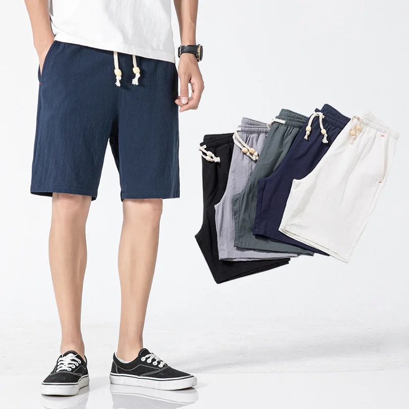 

Men's shorts summer new large beach pants men's wear solid color leisure shorts men's Cotton hemp sports pants men's pants