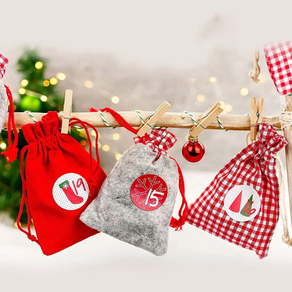 

24pcs Christmas Advent Calendar Bags 24 Days Paper Stickers Gift Hanging Bags DIY Christmas New Year Party Countdown Decorations
