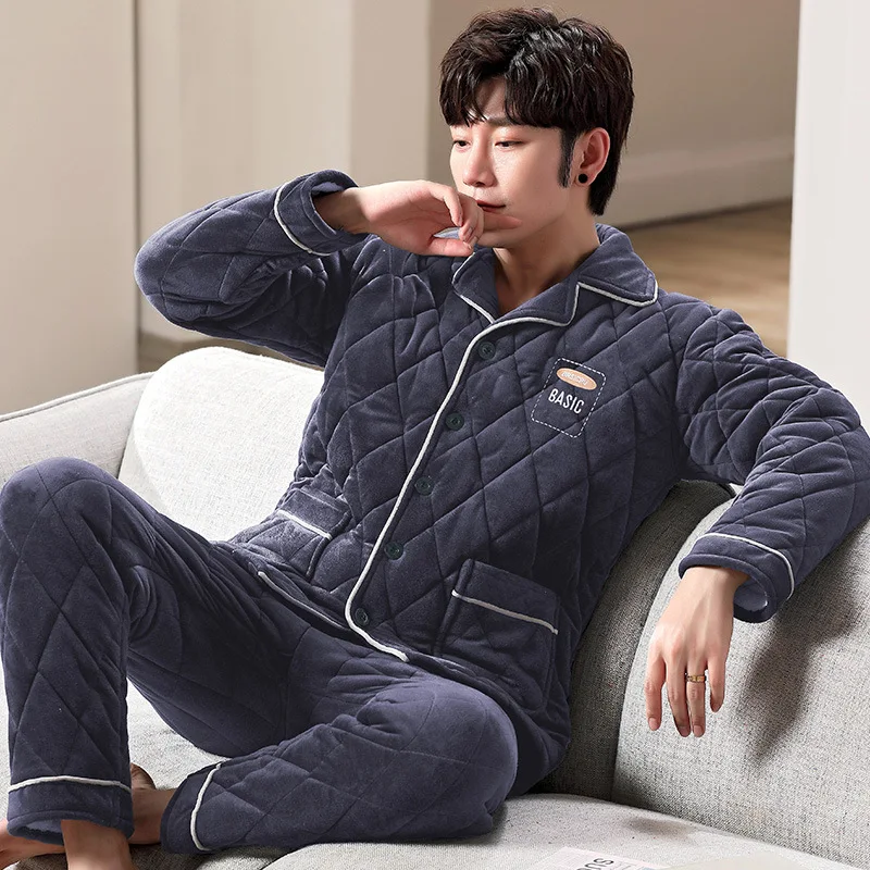 Sleeping Suit for Men Button Up Pajama Set Turn Down Collar Plus Size Pajamas Flannel Thicken Winter Warm Sleepwear Homewear
