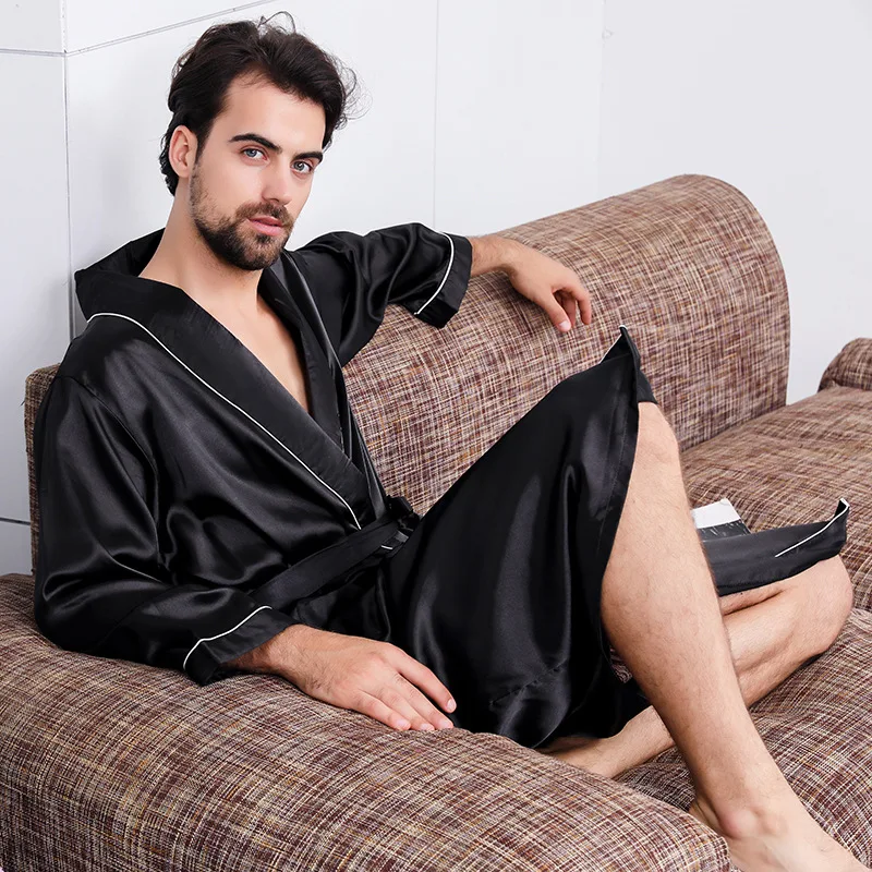 Oversize Bath Robe Men Long Sleeve Mens Bathrobe Imitate Silk Nightgown Sleep Tops Kimono Men Home Bath Gown Male Printed Robes