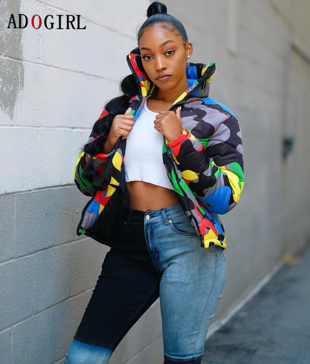 Adogirl Women Stand Collar Camouflage Down Coat Winter Warm Jacket Thick Parka Fashion Female Overcoat Street Outdoor Wears