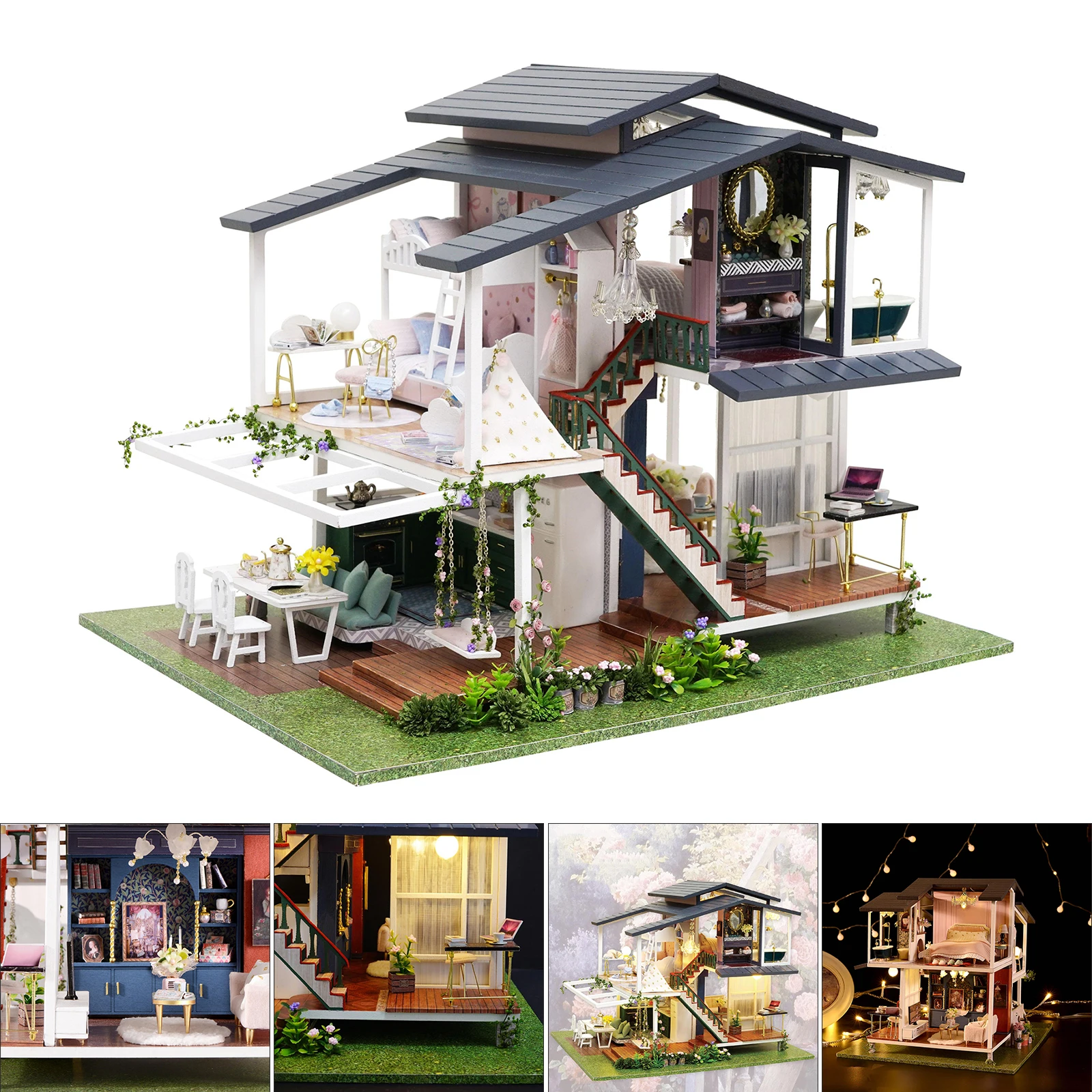 

Doll House Furniture Kits Wooden Garden Villa House Miniature Puzzle for Girls