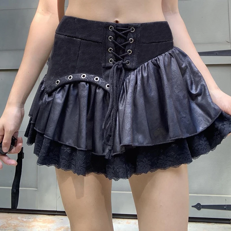 

Dourbesty Goth Grunge Two Layed Skirt Lace Trim Mini Tutu Dark Academia E Girl Pleated Skirts Womens Punk Black Lace-up Skirts