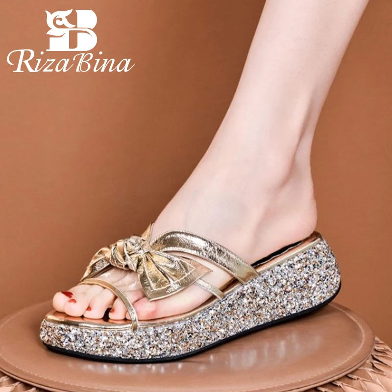 

RIZABINA Real Leather Women Slipper For Home 2021 Summer Shoes Platform Bowtie Sandals Beach Fashion Casual Footwear Size 34-39