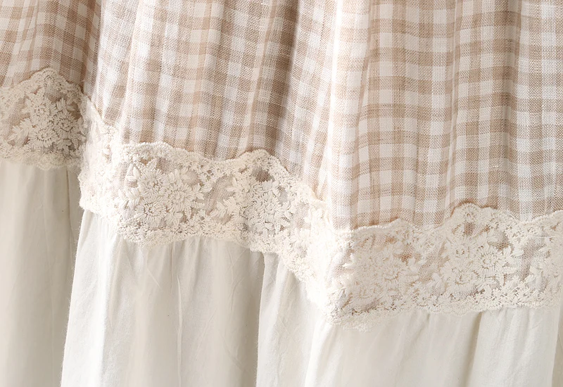 

2021 New Summer Women Cotton and linen Skirt Japan Style Mori Girl Elastic Waist Plaid Lace Women Skirt