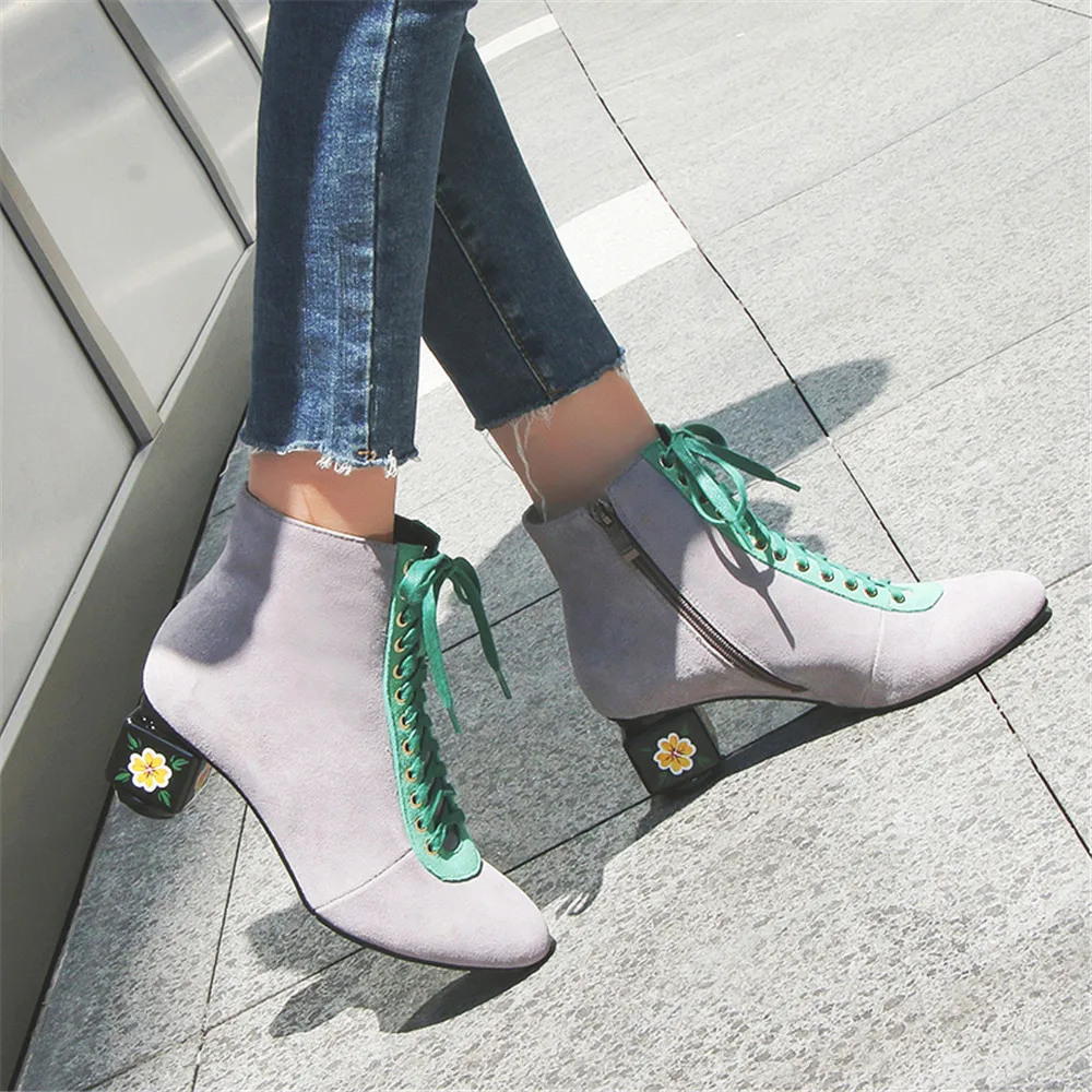 

Drestrive Women Ankle Boots Cow Suede Square Heels 5.5 cm Zipper Cross-Strap Spring Female Shoes Black Big Size 43 Round Toe