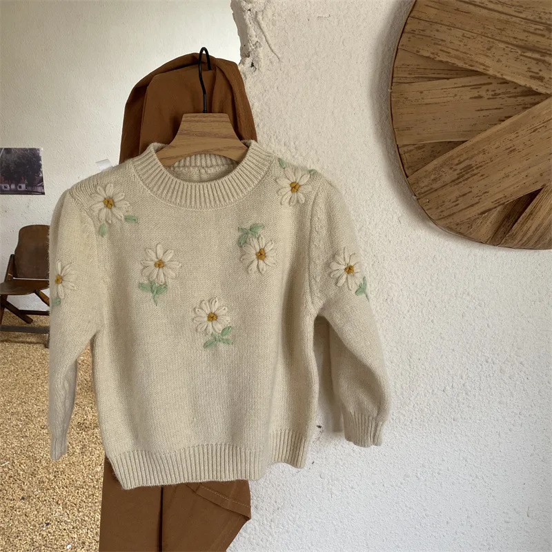 Teenmiro Kids Girls Daisy Knitwear Winter Teenager Embrodiery Flowers Pullover Sweater Toddler Knit Wear Children Knitted Tops