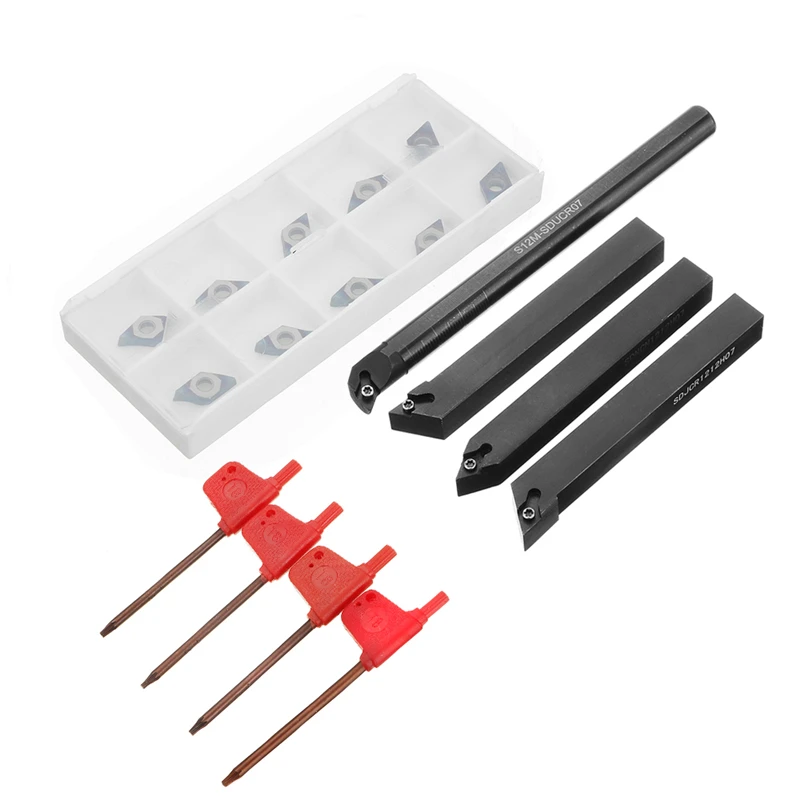 

4pcs 12mm Lathe Boring Bar Turning Tool Holder with 10pcs Blue Nano DCMT070204 Carbide Inserts and 4pcs Wrench