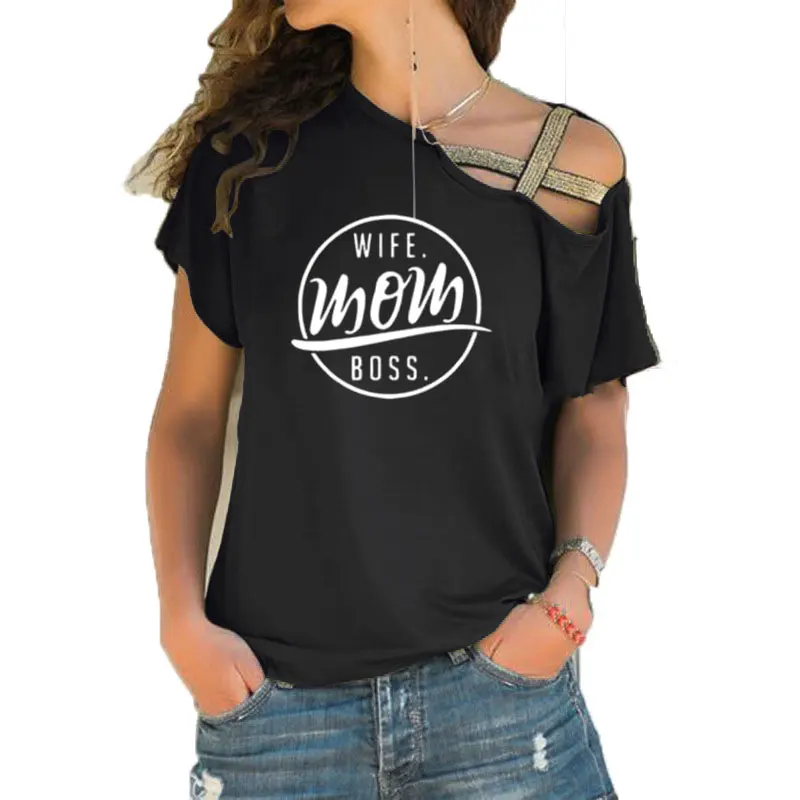

2019 Fashion T-Shirt for Women Pocket WIFE MOM BOSS Letters Print Tshirt Plus Size Tops Women Irregular Skew Cross Bandage Tees