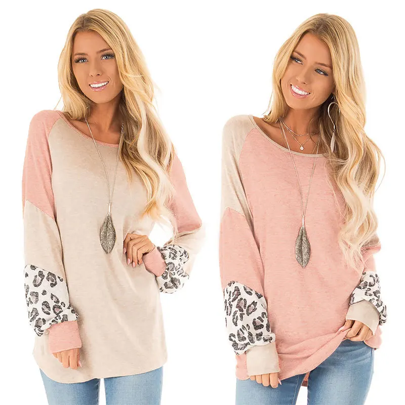 

Women's Fashion leopard print color stitching and loose Lantern Sleeve T-shirt Tops