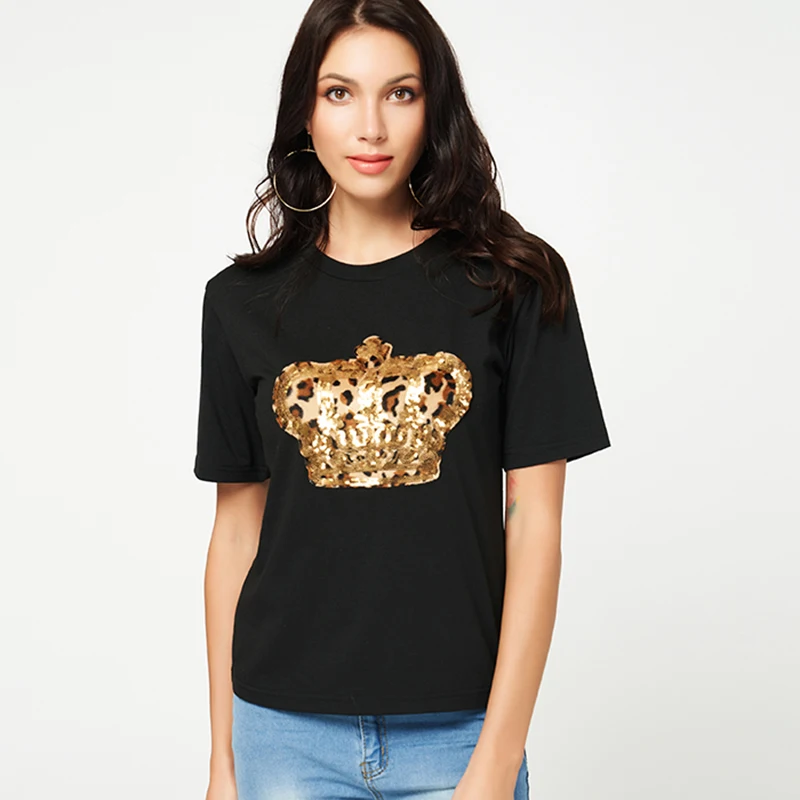 

New Product Women Fashion Crown Embroidered Stretch Short Sleeve T-Shirt