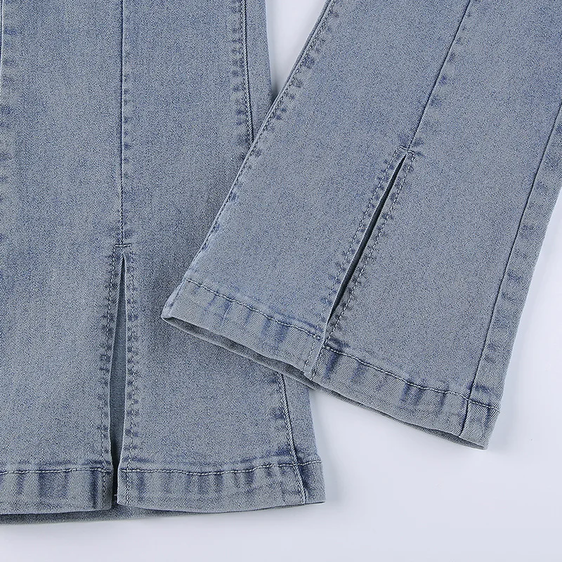 

DUOFAN Y2K Blue Washed Flare Denim Jeans for Women Skinny Side Split High Waisted Jeans Harajuku Vintage Streetwear Pants