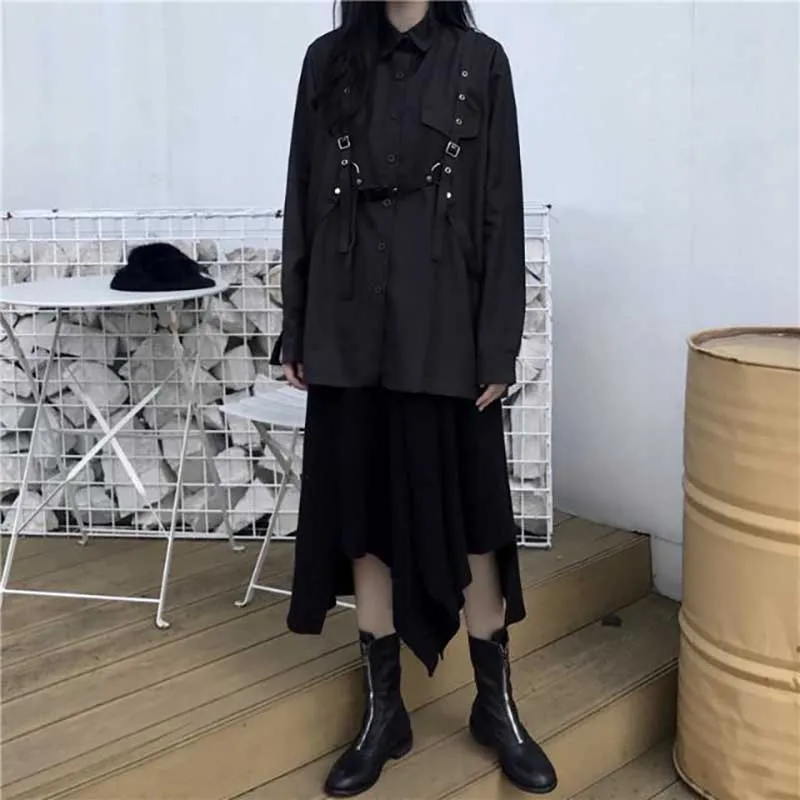 NiceMix, черная Однотонная рубашка в темном стиле для женщин с поясом, однобортная блуза с отворотом, женская Свободная Повседневная Новинка