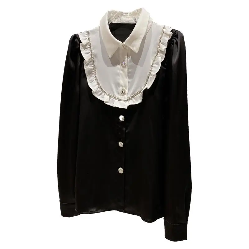 

2021 Spring New Elegant Doll Collar Lace Rhinestone Edge Buckle Elegant Mercerized Cotton Shirt Long Sleeve Ladies Blouses