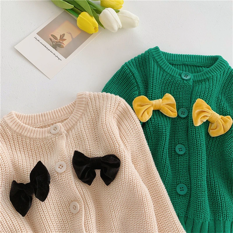 

New Korean Girls Sweater knit Bow Sweet Winter Christmas 2021 Children'S Cardigan Knitting Clothes For Girls