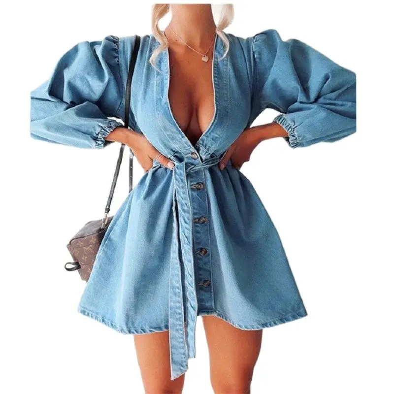 

2021 Summer New Women's Long Sleeve Cardigan Vestido Lady V-neck Swing Women's Denim Mini Dress