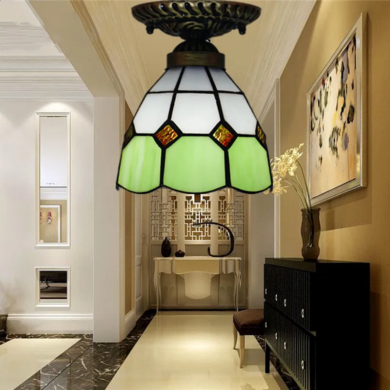 

Tiffany Circular Ceiling Lamp Mediterranean Bedroom Dining Room Balcony Corridor Kitchen Glass Color Ceiling Lamp Fixture Light