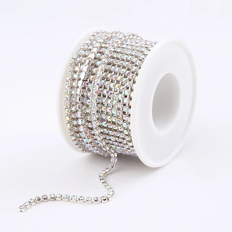 Sliver Crystal AB RESEN SS6-SS18(2 мм-4,5 мм) Серебряная/Золотая основа прозрачные Кристальные плотные стразы на цепочке Швейные стеклянные стразы на цепочке - Цвет: Sliver Crystal AB
