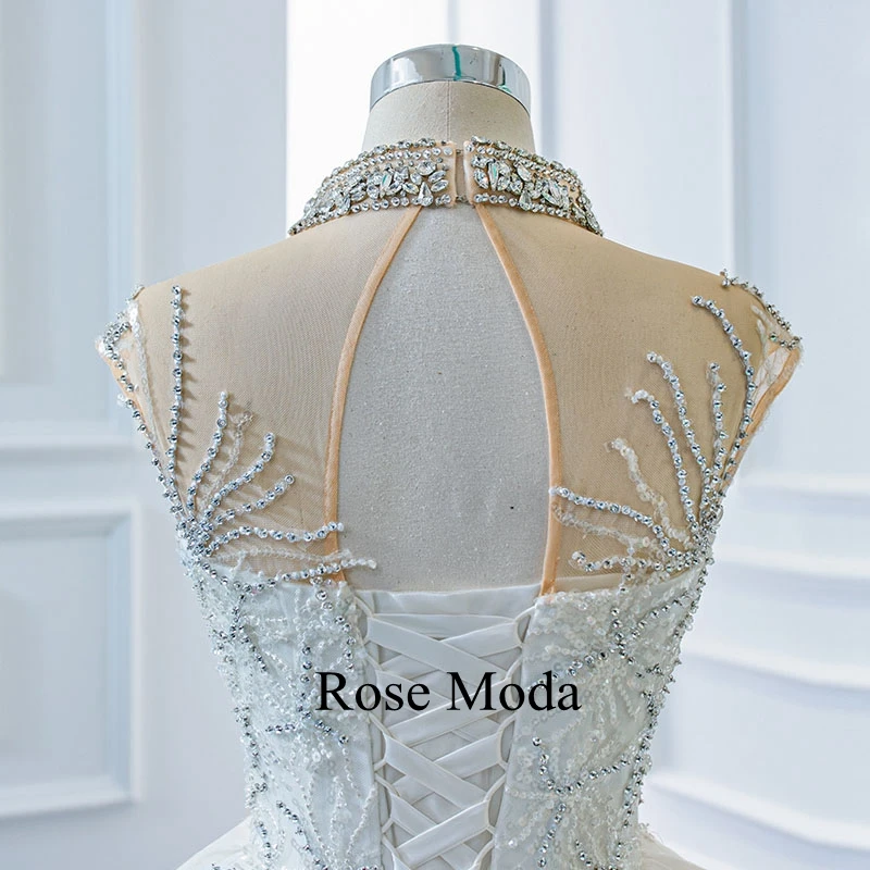 

Rose Moda Luxury High Neck Bling Embroidery Lace Wedding Dress with Crystals Long Train Custom Make
