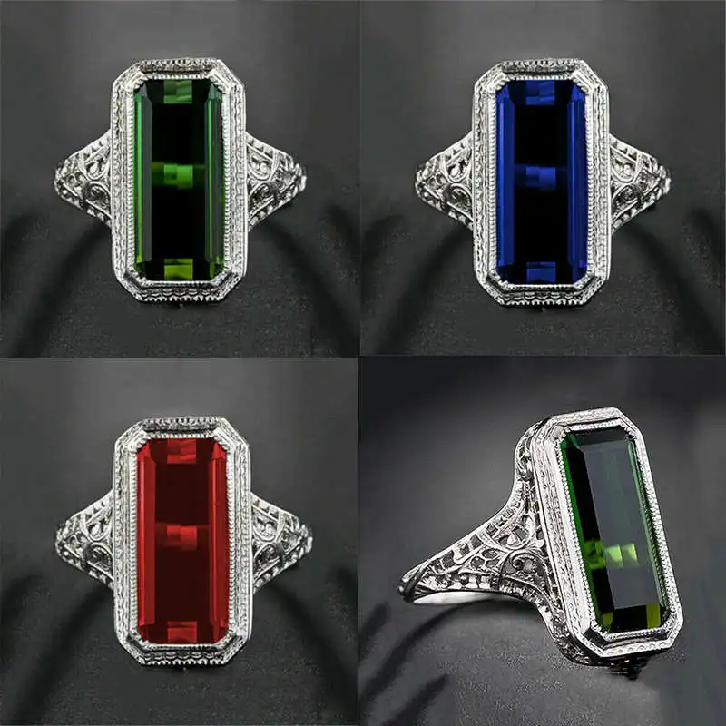 

Vintage Simple Generous Geometric Rectangle Muticolor Ring For Women Wedding Birthday Gift Engagement Party Finger Ring