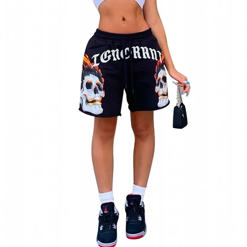 

Drawstring Shorts Women Mid Waist Loose Casual Black Sweatpants Summer Fashion Skull Print Street Punk Style Hip Hop Short Pants