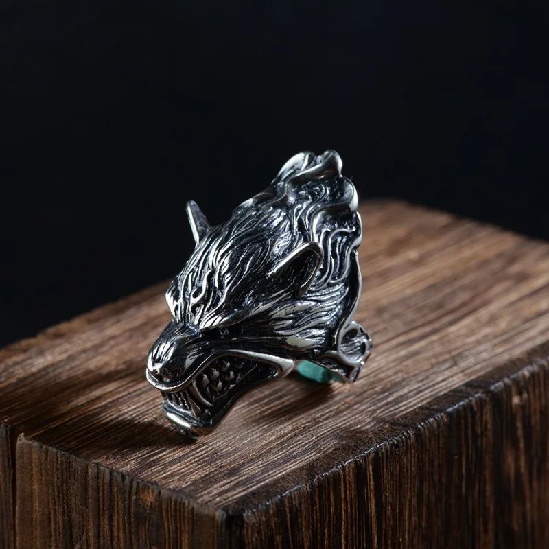 

S925 Sterling Silver Vintage Thai Silver Ring for Men Wolf Head Open Exaggerated Punk Rock Style Big Ring Vintage Jewelry Gifts