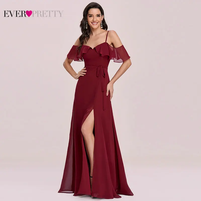 

Burgundy Bridesmaid Dresses Long Ever Pretty Elegant A Line V Neck Spaghetti Strap Ruffle Chiffon Wedding Guest Dress Robe Femme