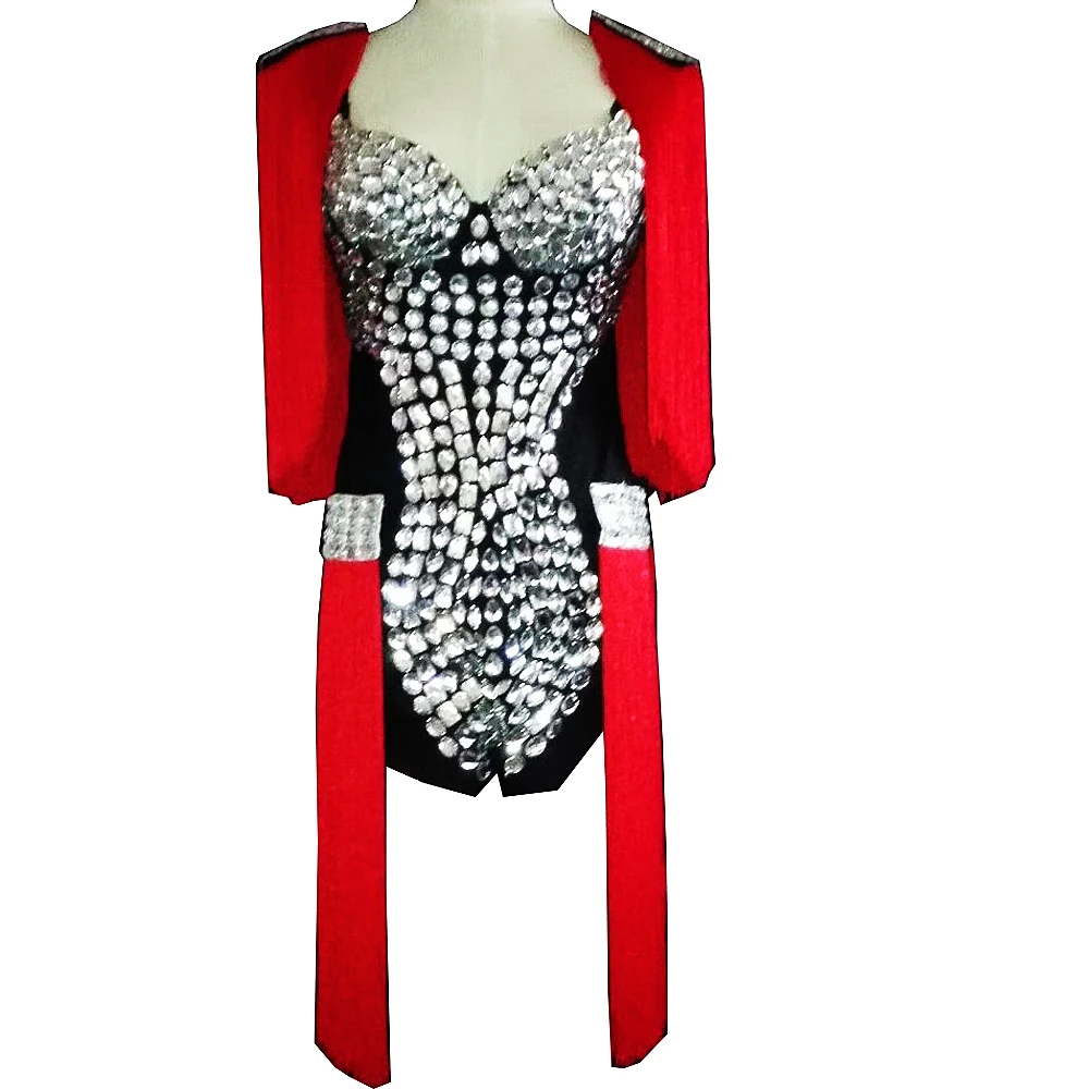 

Sparkling Rhinestones Handmade Bodysuit Red Fringes Decoration Personality Performance Costume Ladies Party Evening Costumes