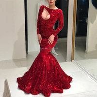 8260 red boat neck full sleeves natural mermaidtrumpet floor length sequins long evening dressesformal gowns free shipping