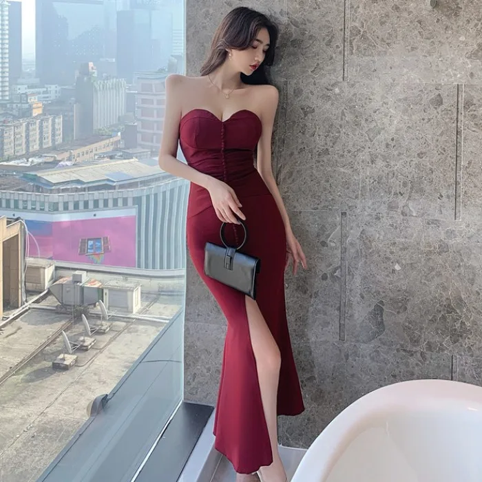 

Women Elegant Sexy Nightclub Singer Party Evening Sequins Strapless Split Slim Dress
