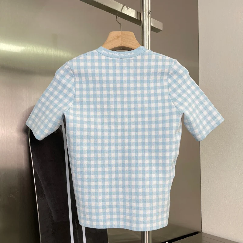 

110612 New Summer Classic Neline Letter Print Design Knitted Grent Plaid T-shirt Elastic Waist Plaid Tapered Shorts Suit A2