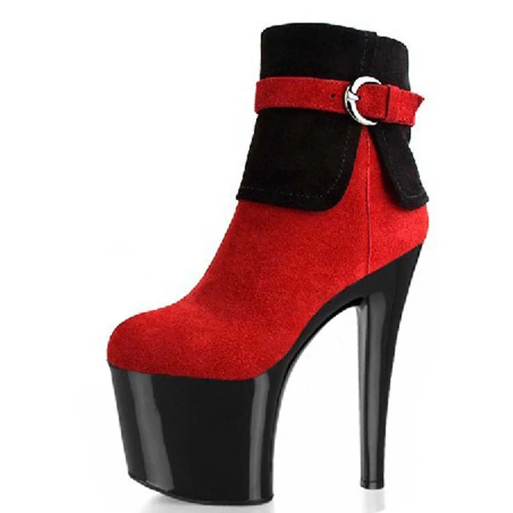 

RIBETRINI Brand Sexy Girls Platform Ankle Boots Buckle Stiletto Heel Flock Party Dress Boots Women Stylish Design Shoes Woman