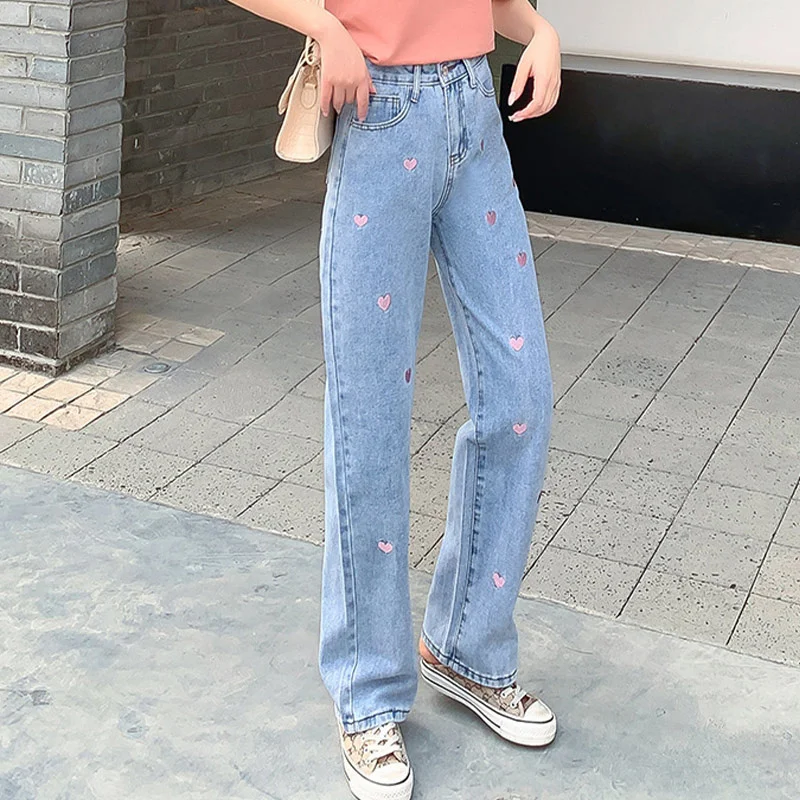 

Джинсы женские с широкими штанинами, мешковатые брюки из денима с завышенной талией и принтом в виде сердечек, винтажные уличные штаны, 2021